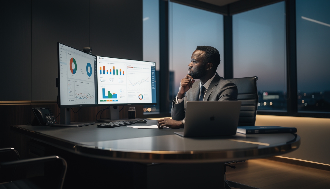 A professional reviewing website analytics data on a large monitor in a modern office