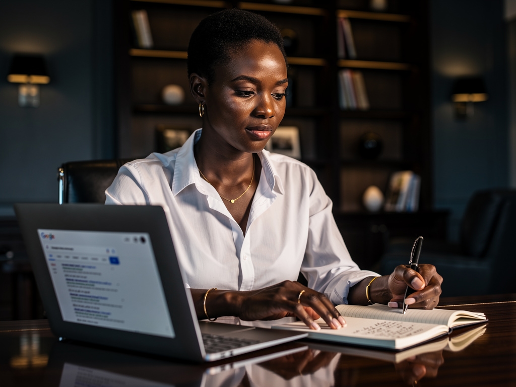 A Botswana entrepreneur working on a laptop, exploring digital business tools