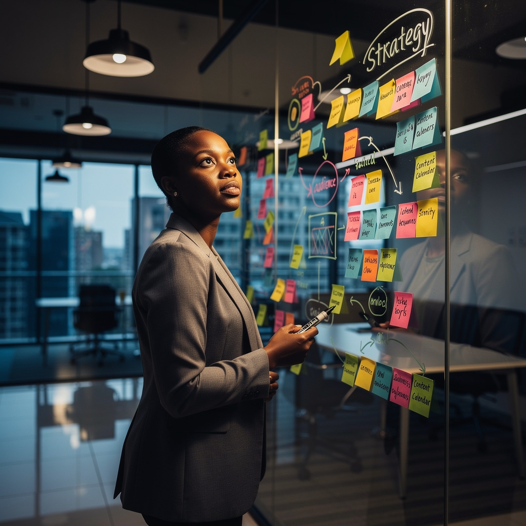 A professional reviewing a content strategy plan on a whiteboard with sticky notes