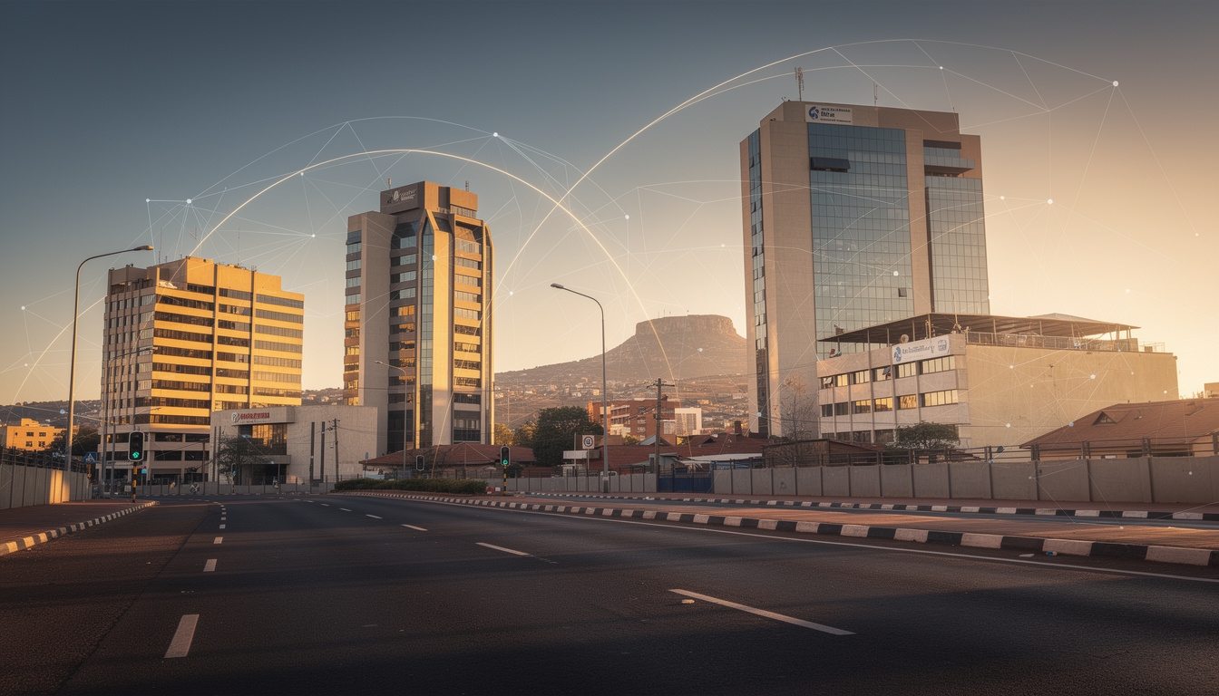 Gaborone city skyline with a subtle digital network overlay representing connectivity