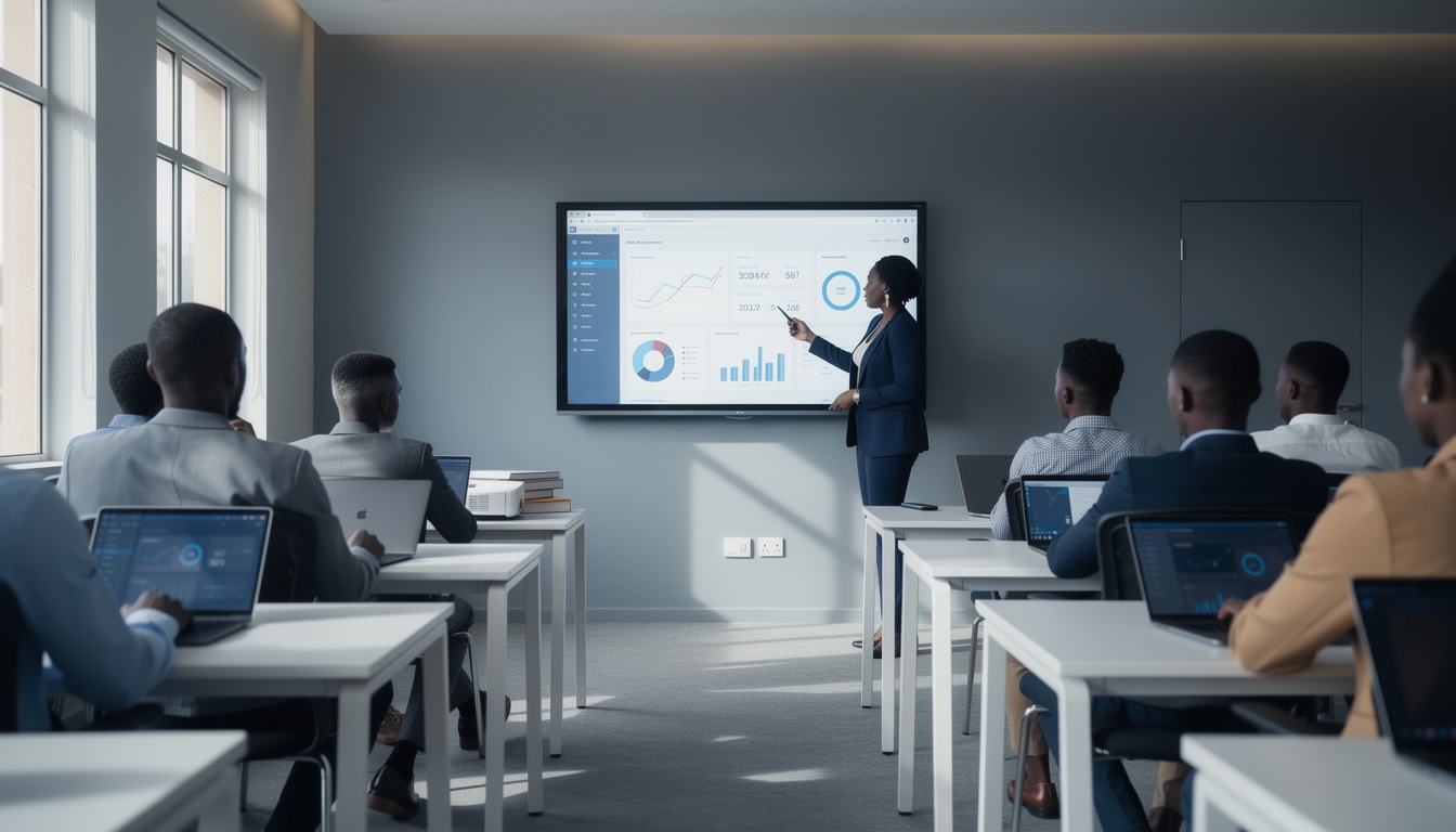 Students learning digital skills in a modern Gaborone classroom