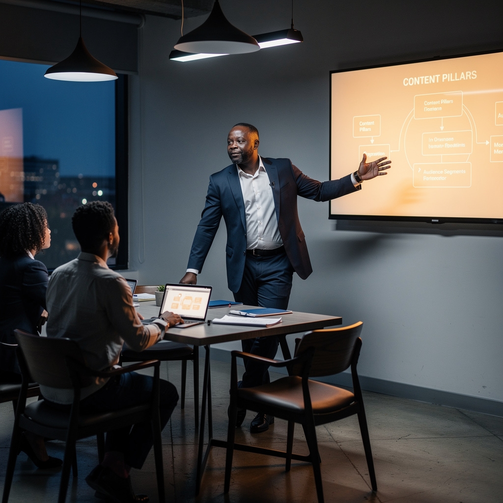A course instructor guiding a small group through digital marketing concepts in Gaborone