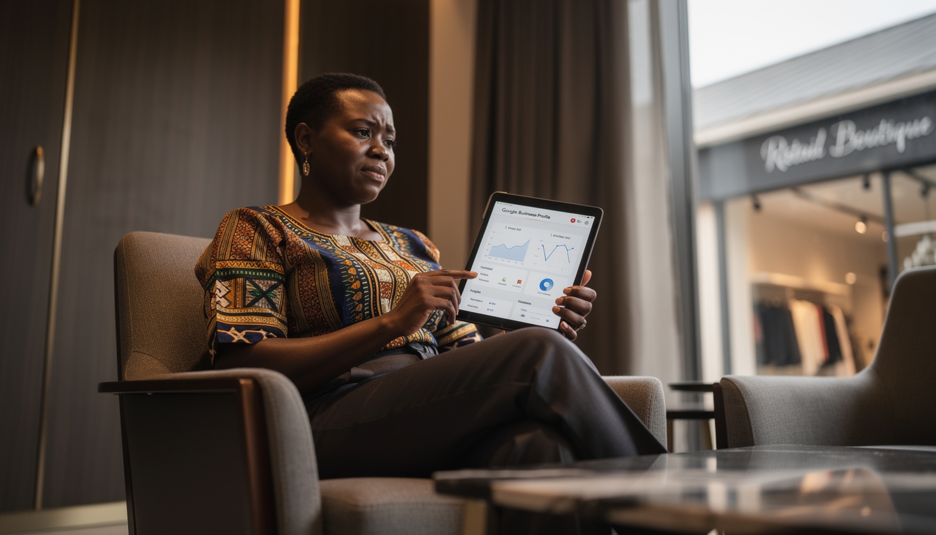 A small business owner in Gaborone reviewing her online business profile on a tablet