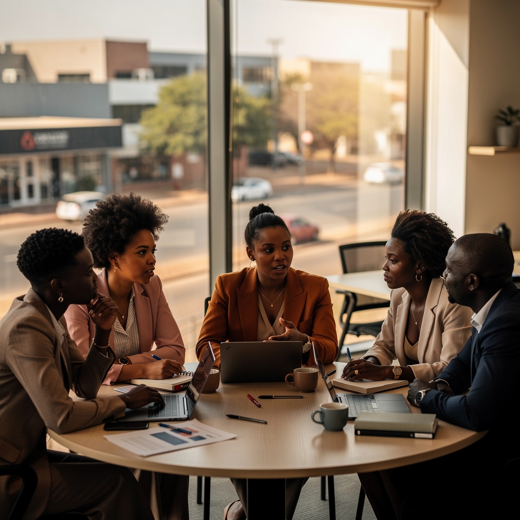 A diverse group of young Botswana professionals discussing digital strategy around a table